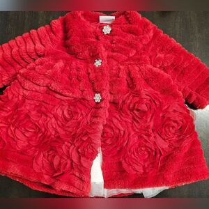 Blueberi Boulevard Girl's red Fluffy Flowers Coat & sparkle dress Size 12 Months